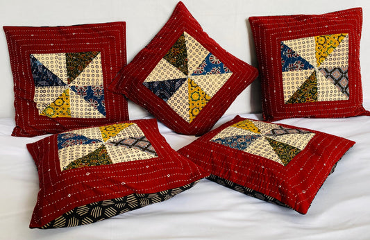 Cushion cover-ajarakh patchwork (size-16×16 inches 5 pcs set)