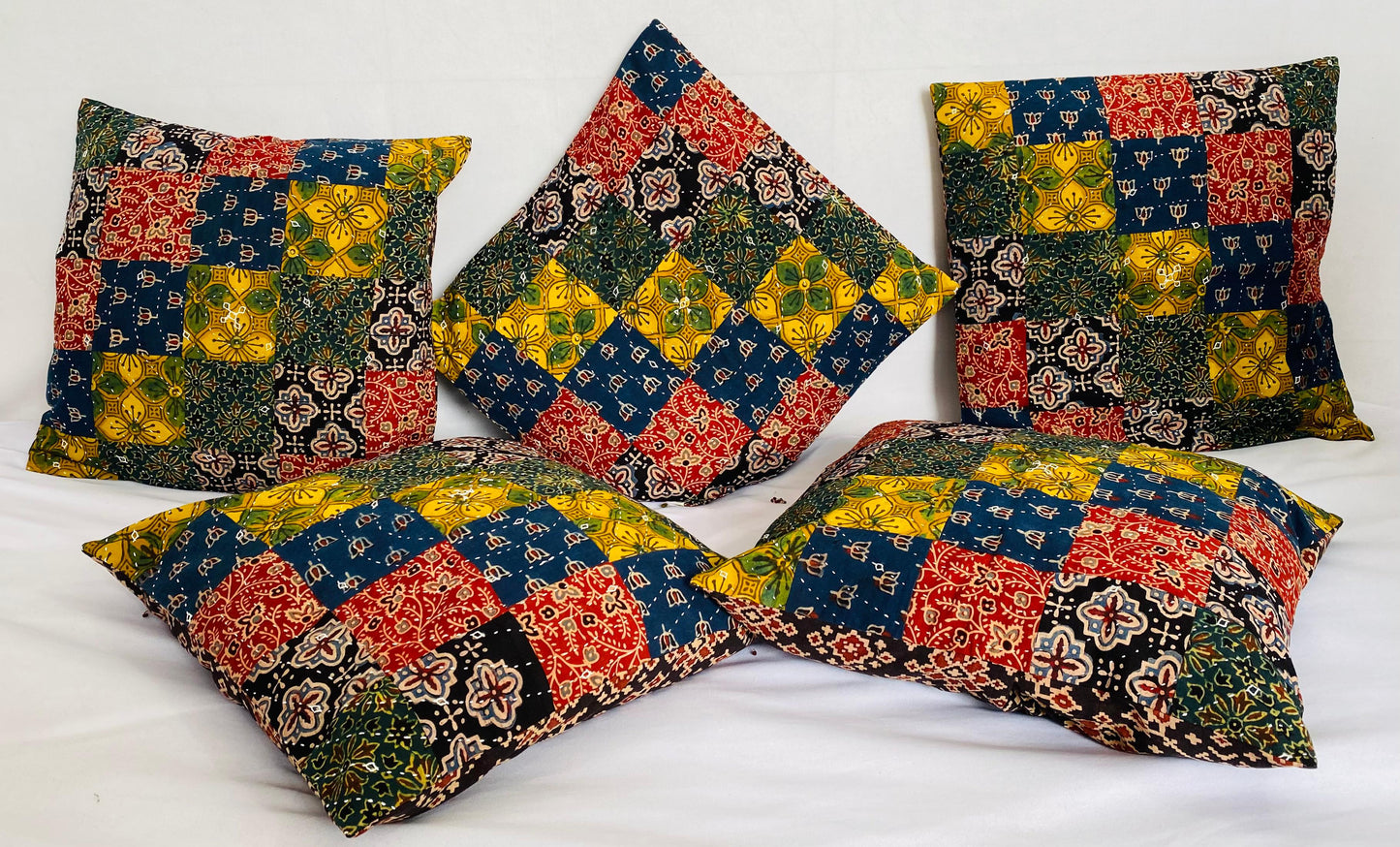 Cushion cover-ajarakh patchwork (size-16×16 inches 5 pcs set)