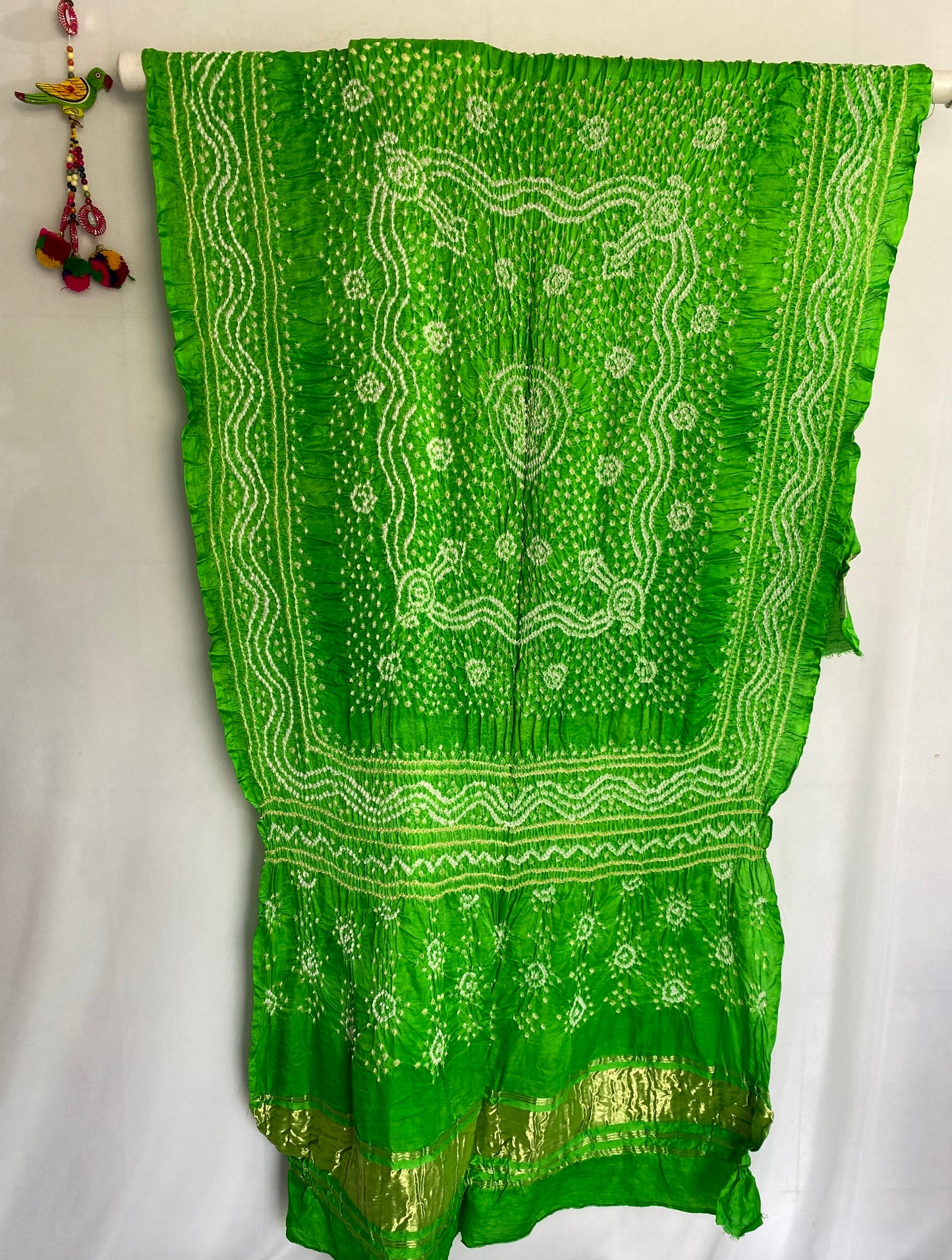 Chandrokhani Parrot Green Gaji silk Bandhani Dupatta
