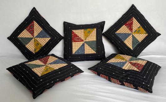 Cushion cover-ajarakh patchwork (size-16×16 inches 5 pcs set)