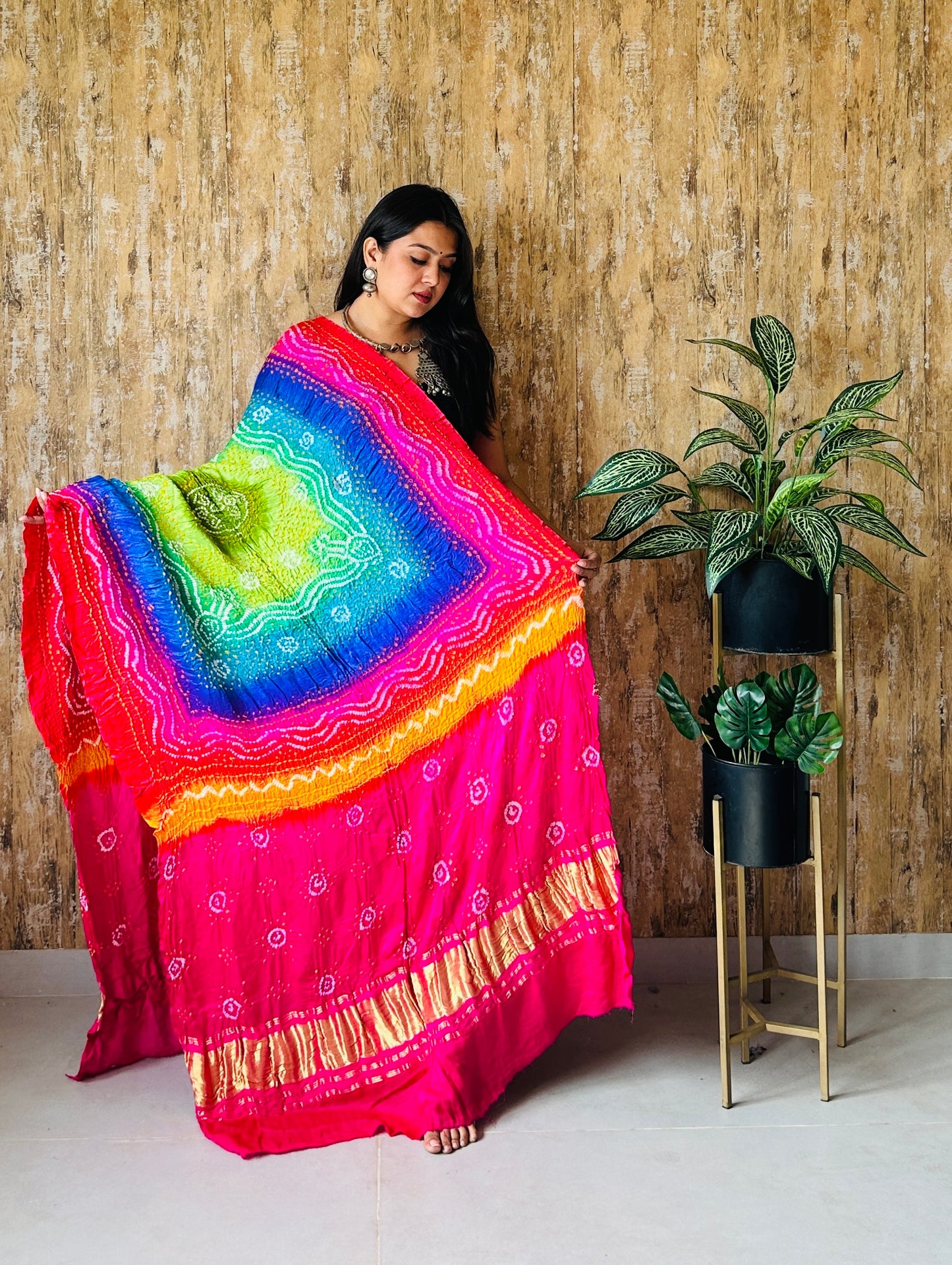 Multicolor Bandhej Dupatta In Pure Gaji Silk