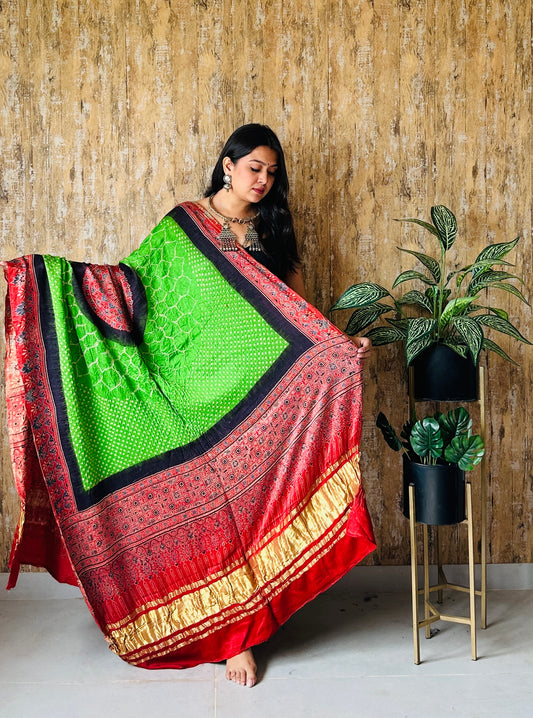 Ajarakh Block Print With Rai Bandhej Pure Gaji Silk Dupatta