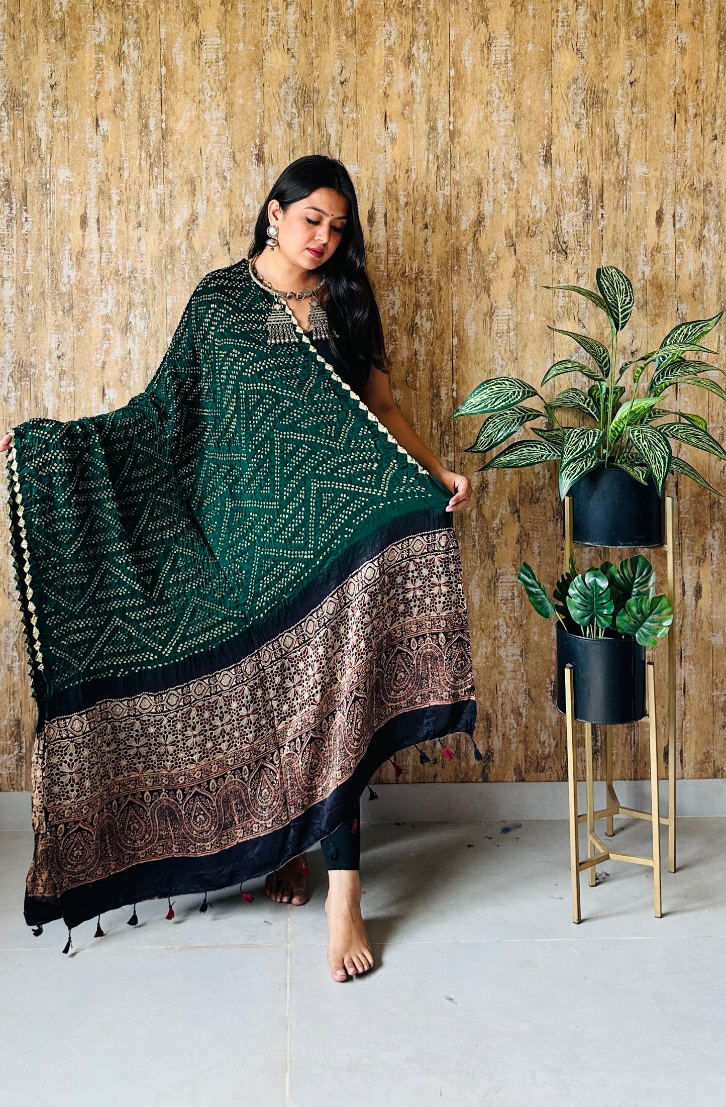 Ajarakh Block Print With Rai Bandhej Pure Gaji Silk Dupatta