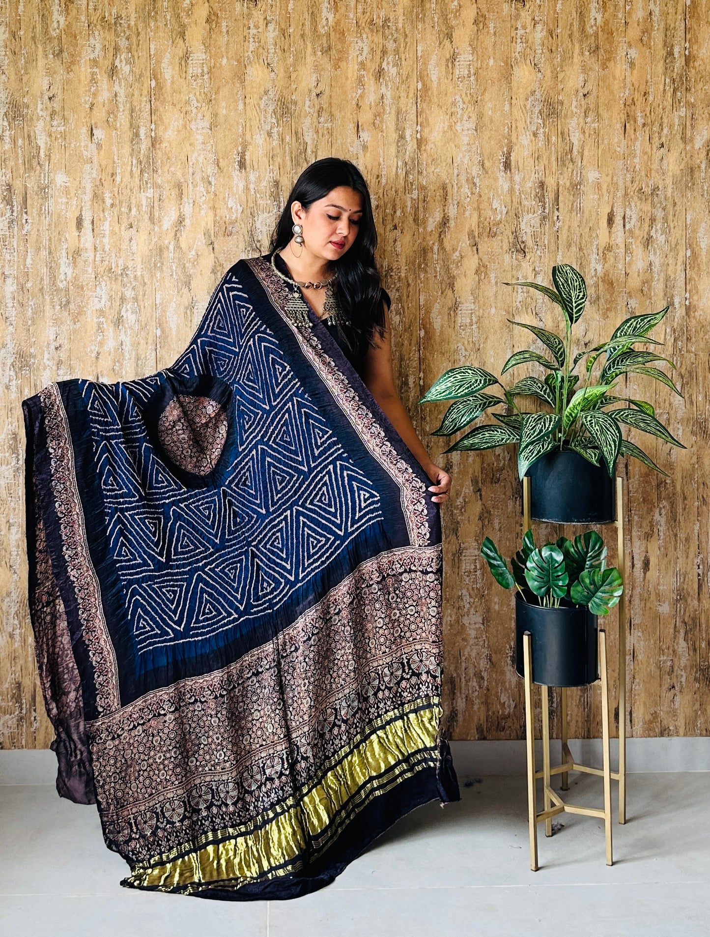 Ajarakh Block Print With Rai Bandhej Pure Gaji Silk Dupatta