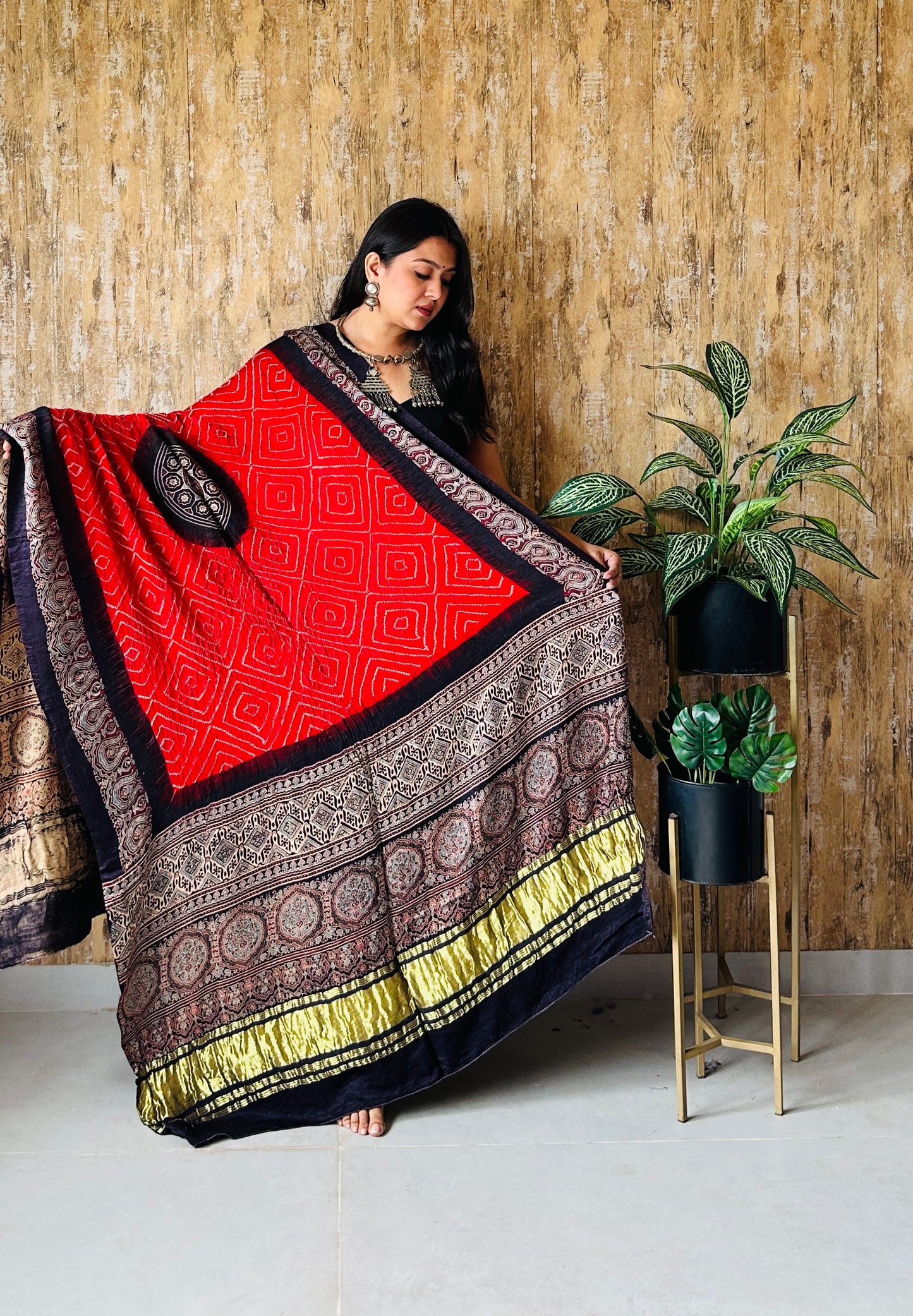 Ajarakh Block Print With Rai Bandhej Pure Gaji Silk Dupatta