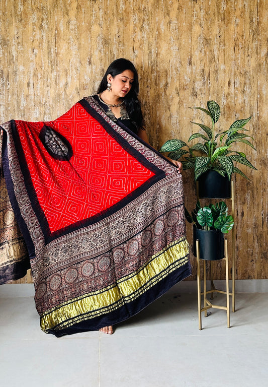 Ajarakh Block Print With Rai Bandhej Pure Gaji Silk Dupatta