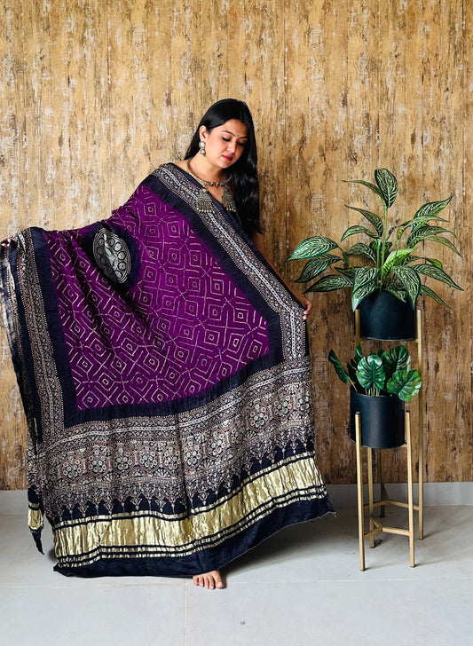 Ajarakh Block Print With Rai Bandhej Pure Gaji Silk Dupatta