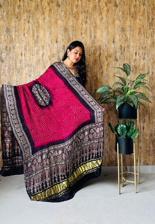 Ajarakh Block Print With Rai Bandhej Pure Gaji Silk Dupatta