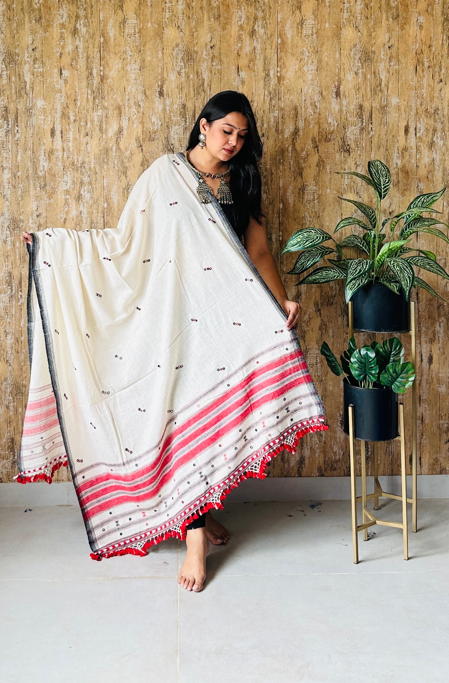 Handweave With Mirror Work Bhujodi Kala Cotton Dupatta